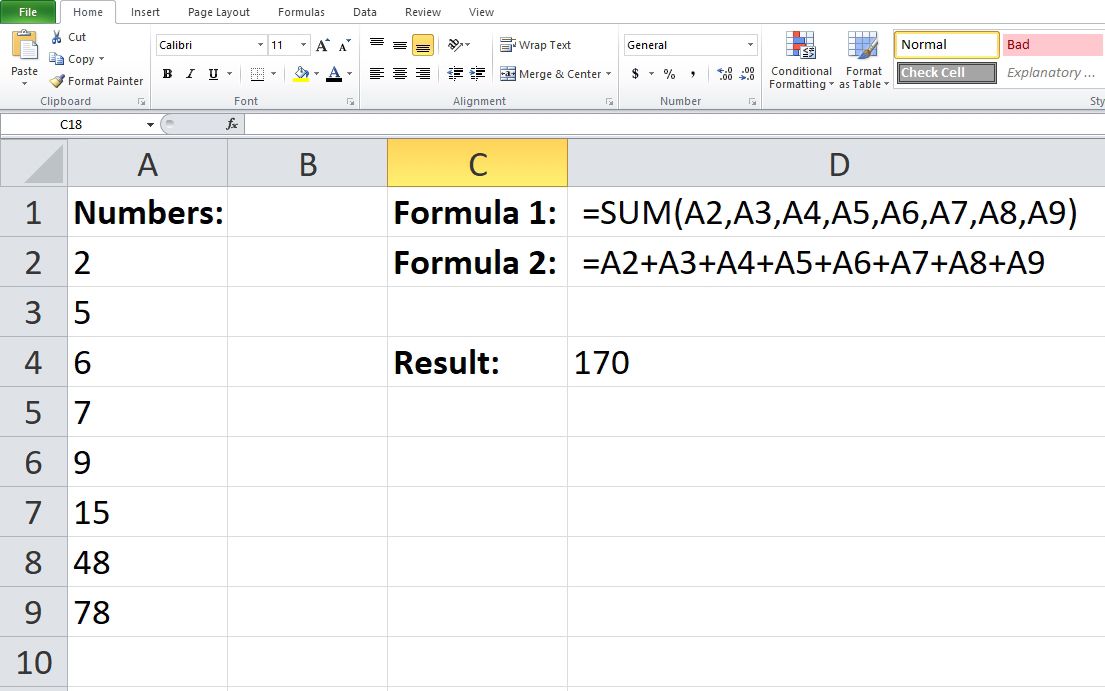 Formula for Addition in Excel